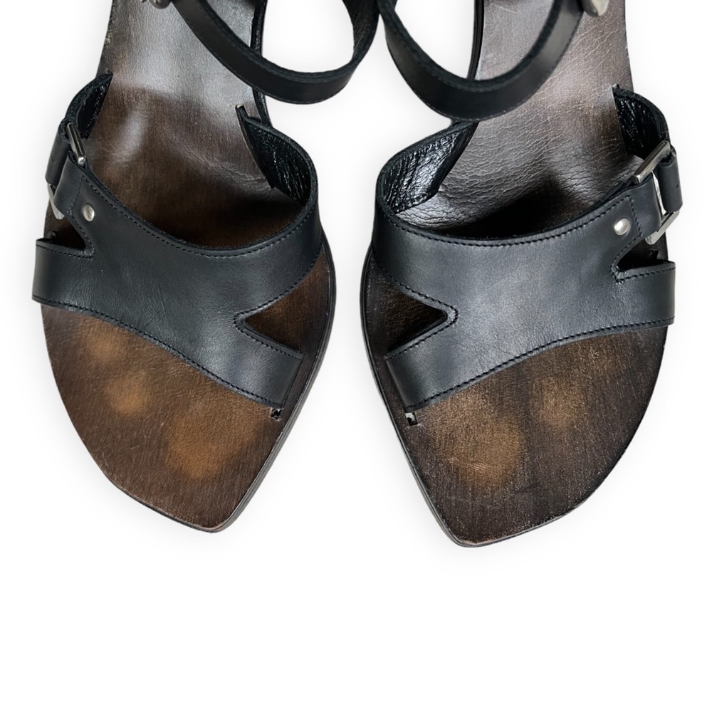 HALO Brand Wooden Heel Black Leather Sandals Mules, sz 7, Made in Italy - Picture 10 of 14